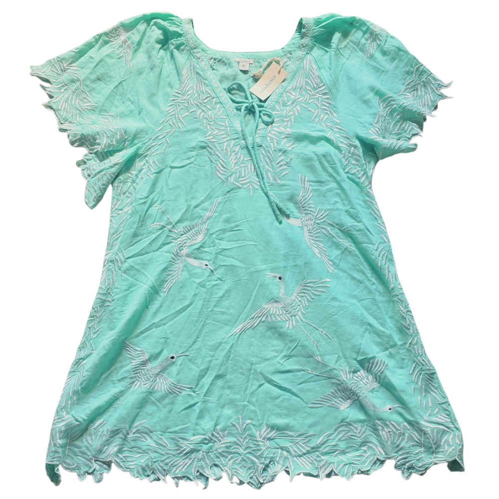 Sundance Aquamarine Embroidered Linen Bird Tunic